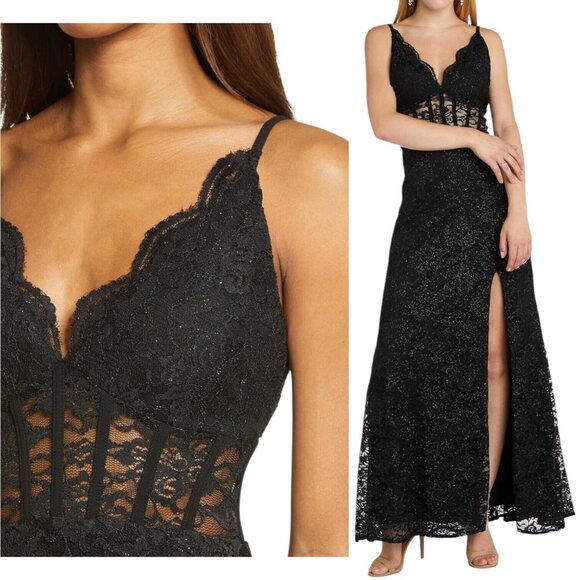 Morgan & Co. Dresses & Skirts - Morgan & Co Junior Lace Corset Black Prom Gown Dress Sz 3 Whimsigoth V Neck Slit